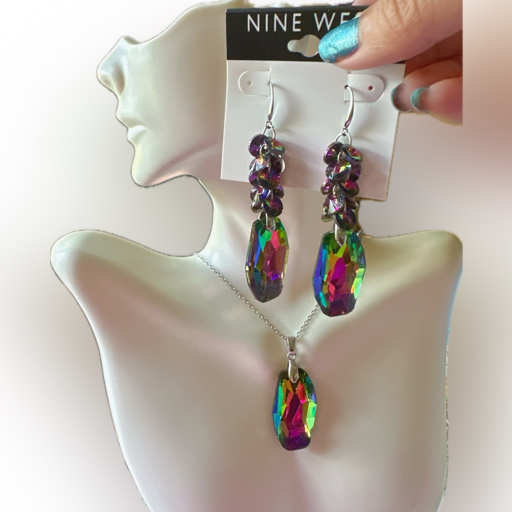 Nine West 925 Silver Necklace Earring Crystal Tassel Drops Multicolor Reflective 22$